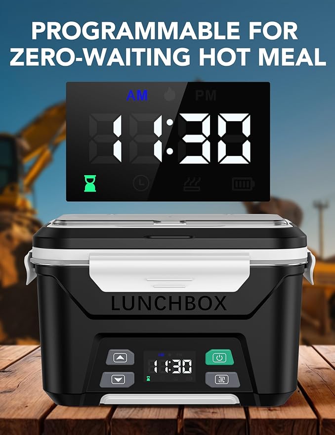 EAST OAK Heated Lunch Box Battery Powered with Automatic Heating, Cordless Heatable Lunchbox for Adults, 1.3L Portable Food Warmer with Insulated Carry Bag