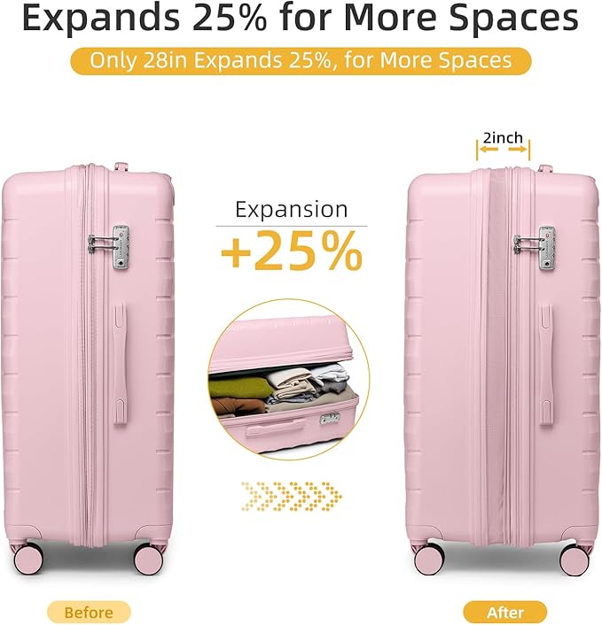 LARVENDER Luggage Sets 5 Piece with Duffel Bag Expandable(Only 28 inch) Hardside PP Carry On Luggage with 360° Spinner Wheels TSA Lock Luggage Sets for Women, Orchid Pink