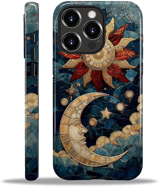 Case for iPhone 15 Pro Case,Sun Moon Stars Faux Stained Glass Design - Hybrid Dual Protection Silicone + Hard PC Shockproof Full Body Cover Slim Anti-Scratch Protective Case for Men Women