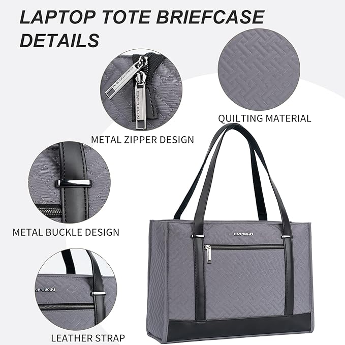 EMPSIGN Laptop Tote Bag for Women 16 Inch, Stylish Computer Shoulder Tote Bag for Work, Large Capacity Quilted Laptop Briefcase, Waterproof Women Business Office Bag, Quilted Grey