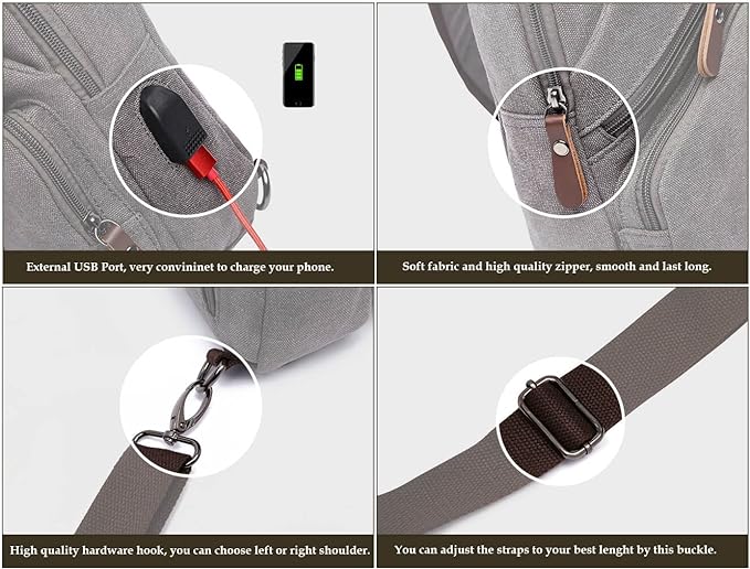 Canvas Sling Bag Crossbody Backpack Shoulder Casual Rucksack for Men Women Outdoor Cycling Hiking Travel Fishing Grey