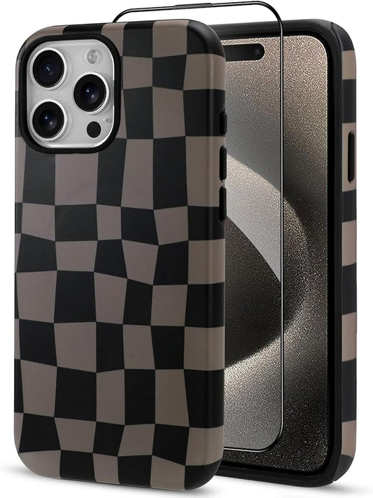 SOKAD Magnetic Checkered Phone Case for iPhone 15 Pro, Cute Grids Plaid Checkerboard Pattern Compatible with Magsafe Matte Protective Case Cover with Screen Protector for Girls Women, Black & Brown