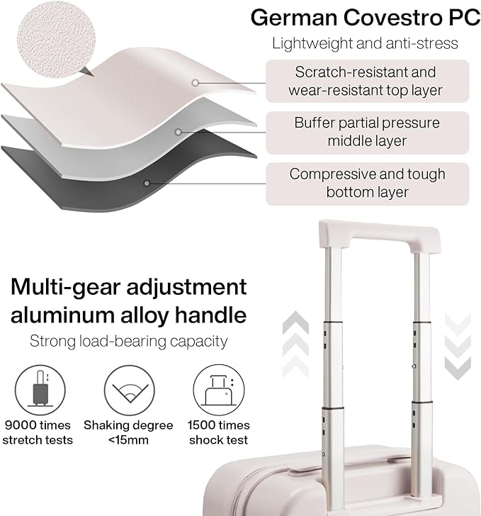 mixi Carry on Luggage, 20'' Suitcase Spinner Wheels Luggage Hardshell Lightweight Rolling Suitcases PC with Cover & TSA Lock for Business Travel, Off White（Slight Pink）