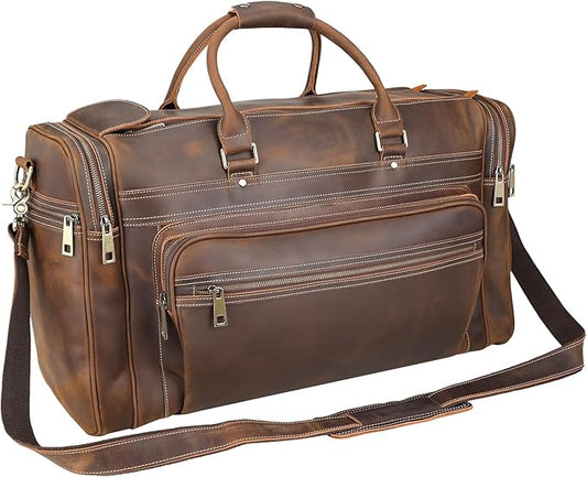 Polare 24" Retro Full Grain Leather Duffel Weekender Travel Overnight Luggage Bag With YKK Metal Zippers