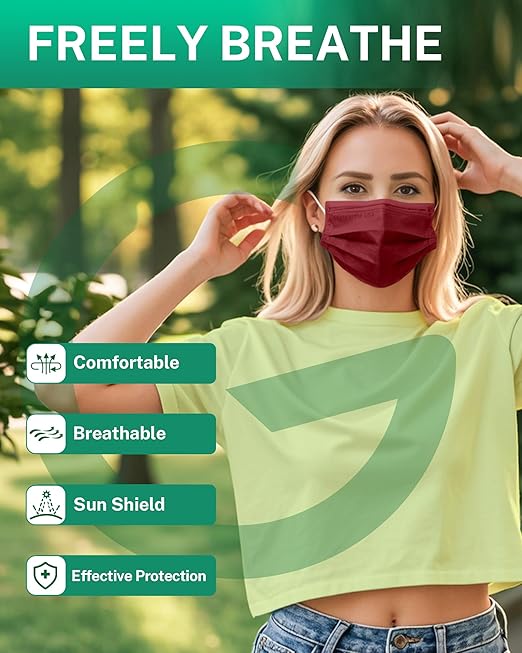 Disposable Face Masks Made in USA, 4 Ply for Families, Students, Breathable All-Day Wear & Safety, FSA HSA Eligible, ASTM Level 3 Medical Grade, 50 Pack, Burgundy