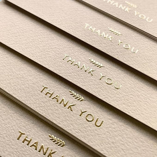 RUN2PRINT (36 Pack) Thank You Cards With Envelopes & Gift of 36 Foiled Stickers - Elegant Emboss Rose Gold Foil Pressed Blank Notes Wedding All Occasion Cards (Beige)