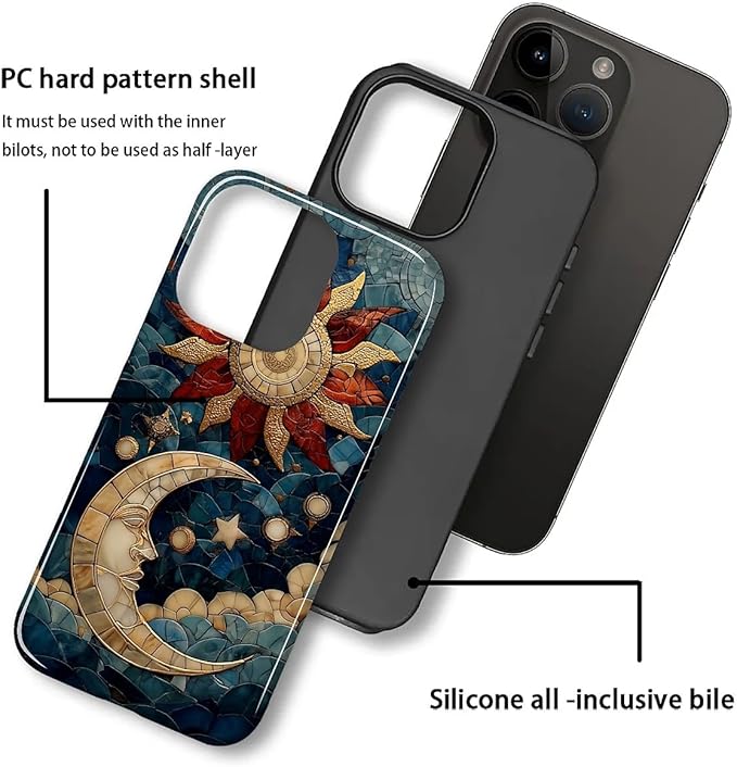 Case for iPhone 13 Pro Case,Sun Moon Stars Faux Stained Glass Design - Hybrid Dual Protection Silicone + Hard PC Shockproof Full Body Cover Slim Anti-Scratch Protective Case for Men Women