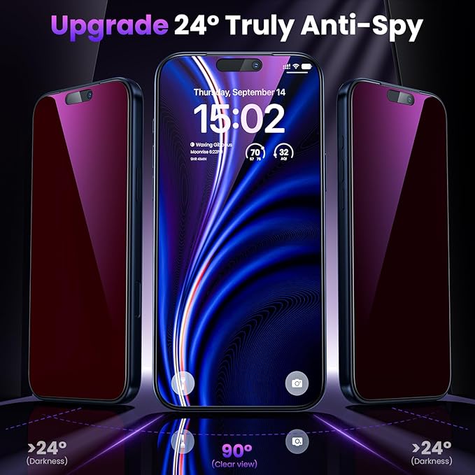WSKEN for iPhone 17 Pro Max Privacy Screen Protector - Purple Gradient Anti Blue Light Eye Protection [Auto-Dust Removal] Shatterproof Tempered Glass Screen Protector 17 Pro Max, 2 Pack
