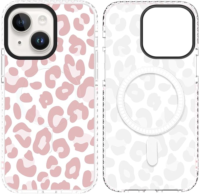 SAKUULO Magnetic for iPhone 15 Case [Compatible with MagSafe] Light Pink Leopard Print Pattern Wireless Charge Slim Shockproof Case for iPhone 15 Phone Case, Pink Leopard (6.1")