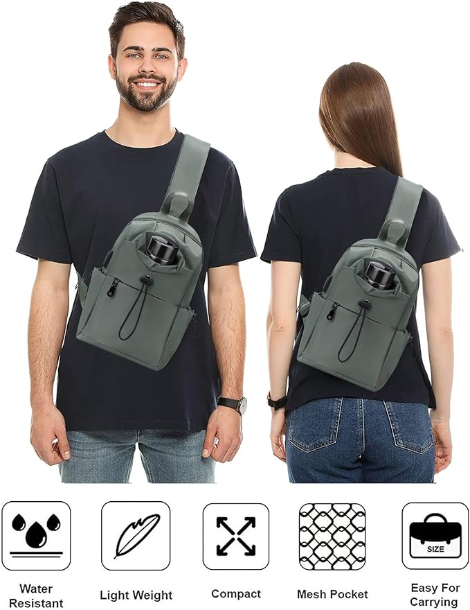 Small Green Sling Crossbody Backpack Shoulder Bag for Men Women - Mini One Strap Sling Bag Fanny Pack Daypack, Waterproof Nylon Chest Bag for Motorcycle Hiking Travel Gym Sport