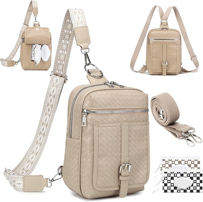 Sling Bag Crossbody Backpack - 2 in 1 Leather Cross Body Bag Fanny Pack with 2 Removable Straps