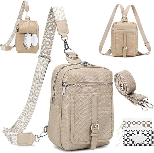 Sling Bag Crossbody Backpack - 2 in 1 Leather Cross Body Bag Fanny Pack with 2 Removable Straps