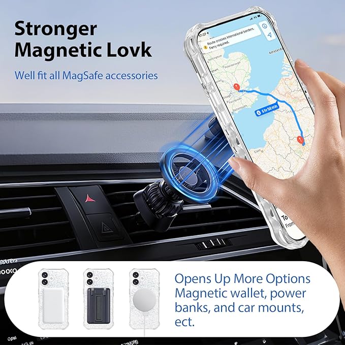 Magnetic for iPhone 17 Case with Invisible Stand, Compatible with MagSafe, Clear Bling Sparkle Shockproof Slim Anti-Slip Military Drop Protection Hard Phone Case 6.3" Glitter Silver