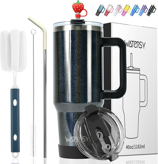 30 oz Shiny Tumbler with Handle and Straw,Stainless Steel Tumbler with Lid and Straw,Insulated Travel Mug(Cold for 34 Hours),Water Bottle for Iced Tea,Coffee (Black)