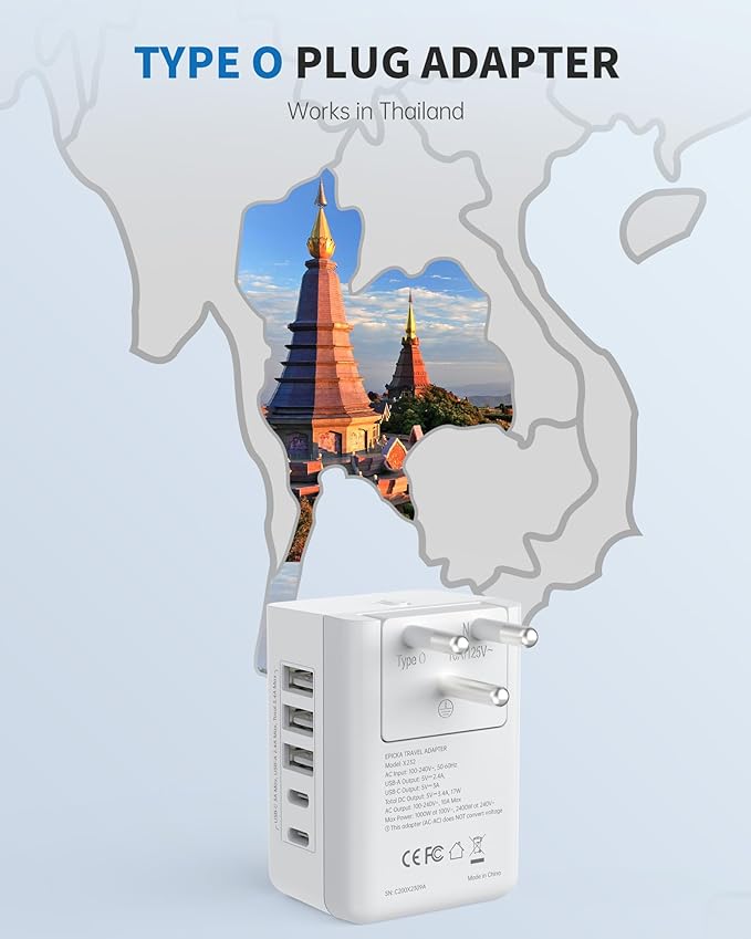 EPICKA US to Thailand Travel Adapter, Universal Plug Adapter with 2 US Outlets, 3 USB-A & 2 USB-C Ports, Ultra Compact Swap&Adapt Type O Plug Attachment for Thailand (X232O)