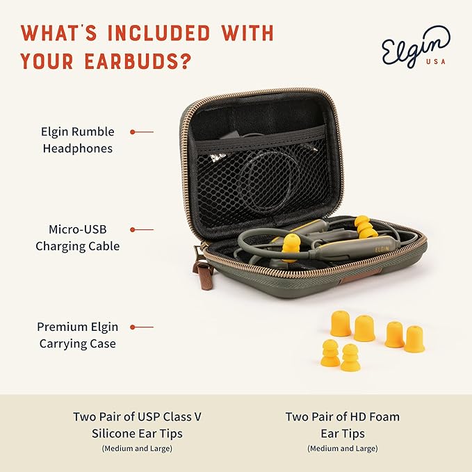 Elgin Rumble Bluetooth Earplug Earbuds, 27 dB Noise Reduction Wireless Headphones with Noise Cancelling Mic, 20 Hour Battery Life, IP67 Waterproof, OSHA Compliant Hearing Protection for Work