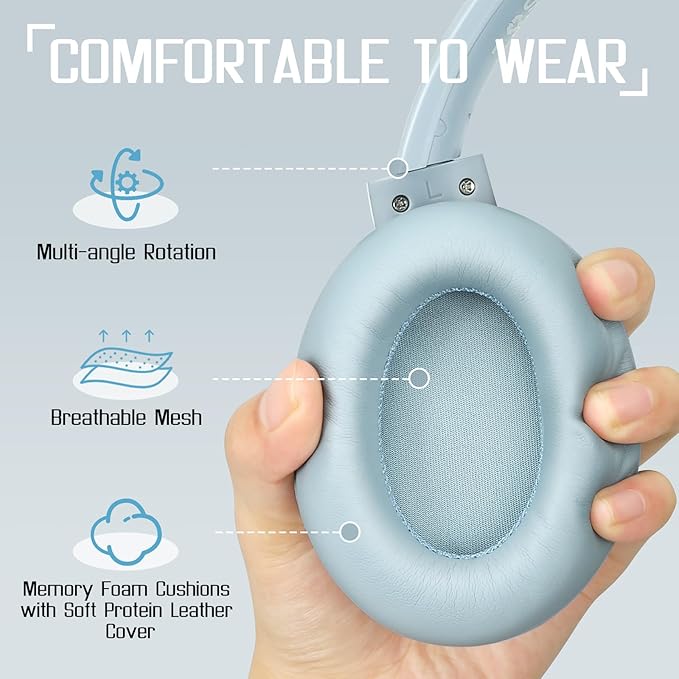 TUINYO Wireless Headphones - Noise Cancelling Over Ear Bluetooth Headphones with 60H Playtime, Deep Bass Hi-Fi Stereo Sound & Comfortable Earpads for Travel, Home and Office-Blue Gray…