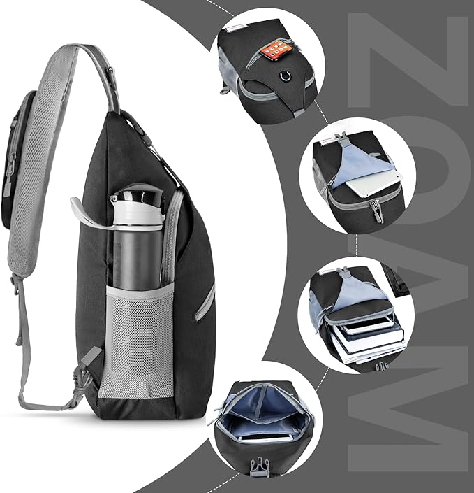 ZOMAKE Sling Bag,Small Crossbody Sling Backpack,Water Resistant Shoulder Daypack for Travel,Anti Thief Chest Bag for Hiking(Black(New))