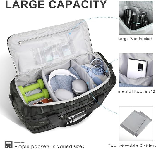 ETRONIK Travel Bag for Men Women, Gym Bag & Tactical Duffle Bags for Travel, Carry on with Toiletry Bag and Shoe Compartment, Weekender Overnight Trip with Wet Pocket for Workout Medical, Black Camo