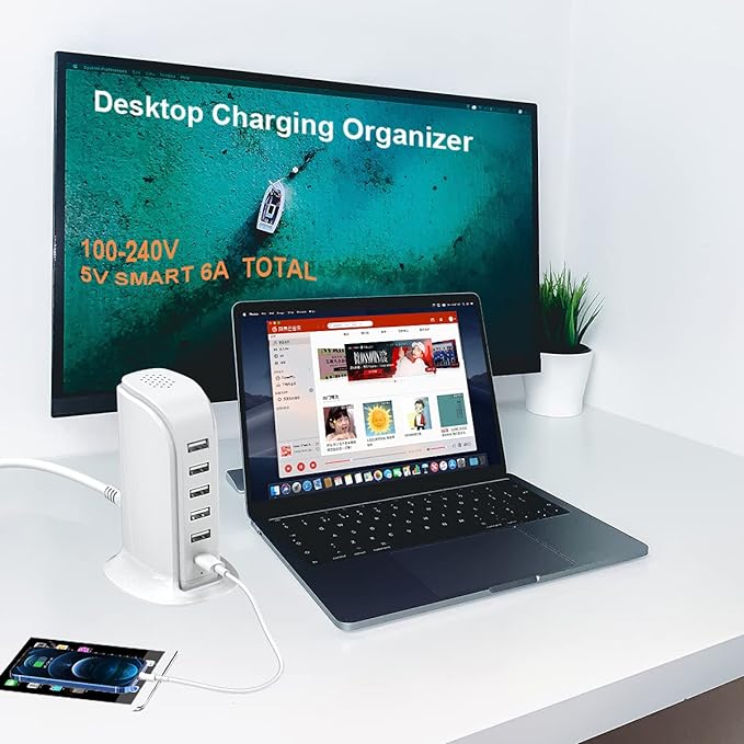 Charging Station for Multiple Devices 40W Upoy, Wall Charger Block 5 USB Ports(Shared 6A), USB Charging Hub Smart IC, Charger Tower with Type-C 3A for iPhone iPad Tablets Smartphones, Home Office Use