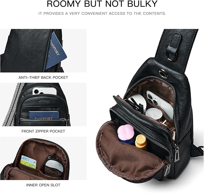 7L Sling Bag For Women Faux Leather Anti Theft Small Casual Daypack Backpack Fanny Pack Crossbody Chest Bags Purse Waterproof Black