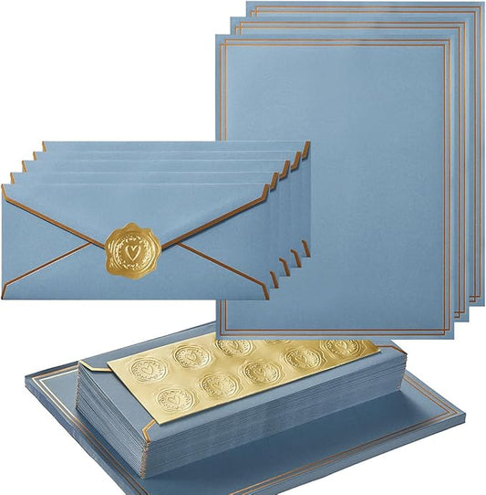 50 Pack Stationery Set with Gold Border, #10 Business Envelopes and 8.5x11 Paper Sheets and Stickers for Writing Letters (Dusty-Blue, 8.5x11 Inches)