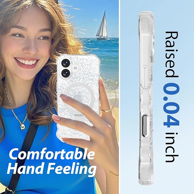 Magnetic for iPhone 17 Case with Invisible Stand, Compatible with MagSafe, Clear Bling Sparkle Shockproof Slim Anti-Slip Military Drop Protection Hard Phone Case 6.3" Glitter Silver