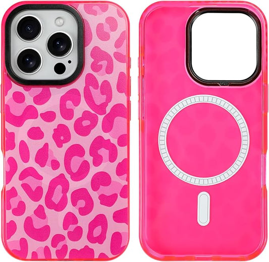 SAKUULO Magnetic for iPhone 16 Pro Max Case Hot Pink Leopard Print Pattern [Compatible with MagSafe] [with Screen Protector] Wireless Charge Strengthen Protection Cover, Hot Pink Leopard (6.9")