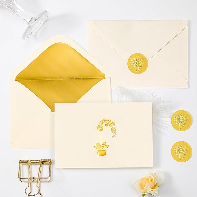 Crisky 50 Pack Blank Cards and Envelopes 4x6, Embossed Gold Foil Orchid Blank Greeting Cards Bulk for Wedding, Bridal Shower, Baby Shower, Birthday Party Decoration Favors