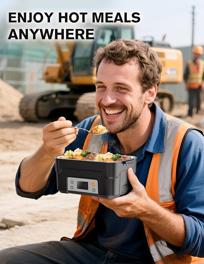 EAST OAK XL 6.3-Cup Cordless Electric Lunch Box for Adults, Heated Lunch Box for Men with Scheduled Heating, Portable Car Food Warmer with Utensils, Two-Tier Bag, Removable Divider