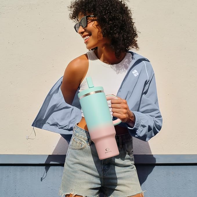 40 oz Tumbler with Handle and Straw: Stainless Steel Insulated Tumbler Keeps Cold for 24 Hours, Leakproof Travel Cup Fits in Cup Holder and BPA-Free, Cherry Blossom