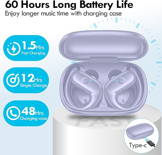 kurdene Wireless Earbuds Bluetooth Headphones Sport,Over Ear Buds with Deep Bass Sound,60Hrs Playtime Earphones Redesigned Comfort Fit with Earhooks for Running,Meeting,Workout-Purple