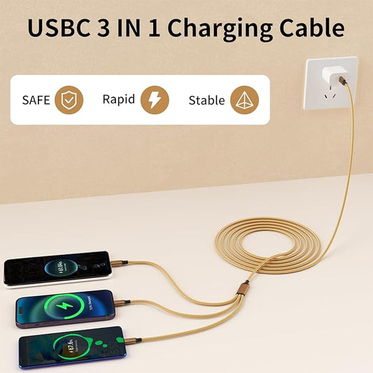USB C Multi Charging Cable [2Pack 4FT], 3 in 1 Charging Cable Nylon Braided USB-C Multiple Charger Cord with Type-C, Micro USB and IP Port for Cell Phones and More (Golden)