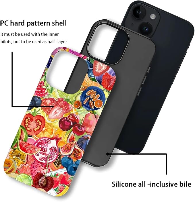 Case for iPhone 13 iPhone 14,Summer Fruit Collage for Woman Men Full Body Protective Cover Shockproof 2 in 1 Silicone + Hard PC Design Case