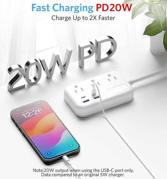 BESTEK European Travel Plug Adapter: UK Travel Plug Adapter- US to UK Europe Travel Power Strip with 20W USB C Charger - 3 AC Outlets, 4 USB Ports (White)