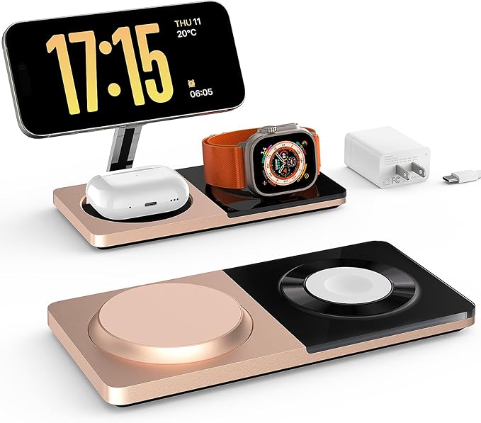 3 in 1 Charging Station for Apple Devices: Mag-Safe Charger Stand Fast Charging, Wireless Charger for iPhone 16/15/14/13/12 Series, Apple Watch Series 1-9/Ultra, AirPods Pro,30W USB Charger (Golden)