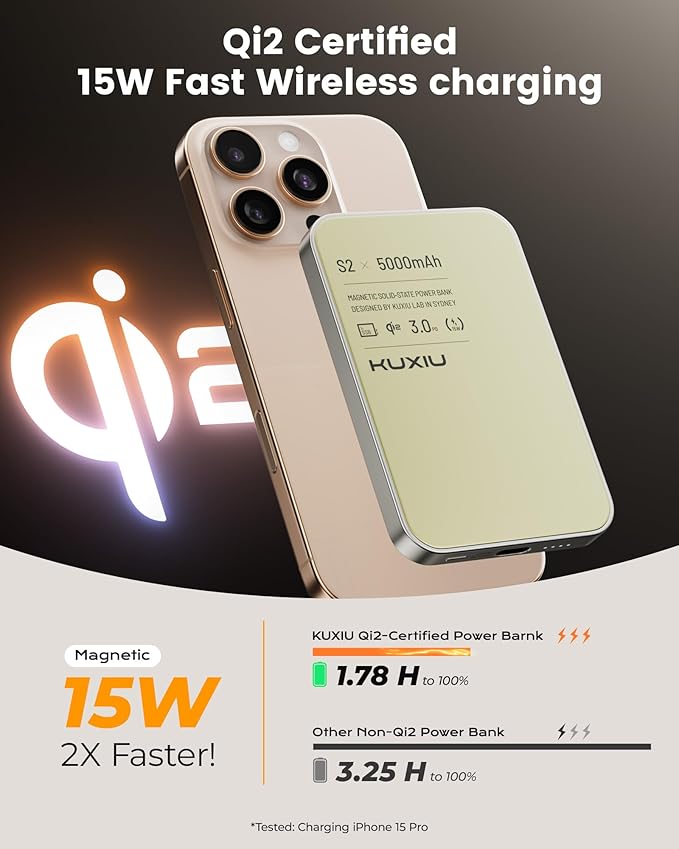 Solid-State Portable Charger for Mag-Safe, 0.39" Ultra Slim Qi2-Certified 15W Magnetic Wireless Power Bank, 5000mAh 20W Fast Charging Battery Pack for iPhone 16/15/14/13/12 Series Only-Titanium