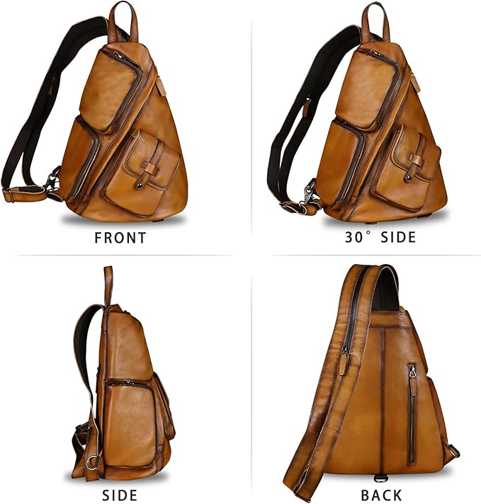 Genuine Leather Large Sling Bag for Men and Women Large Sling Backpack Purse Shoulder Crossbody Chest Bag for Ipad (Brown)