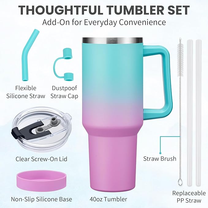 BENZZO 40 oz Tumbler with Handle and Straw Lid Travel Mugs Insulated for Hot and Cold Water Bottle Stainless Steel Coffee Cups