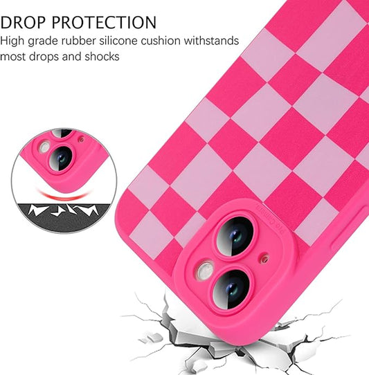 ZIYE for iPhone 15 Plus Case Hot Pink Grids Plaid Checkerboard Pattern Phone Case with Camera Protection,Soft TPU Silicone Rubber Protective Cover Grid Checkered Chess Design Cases