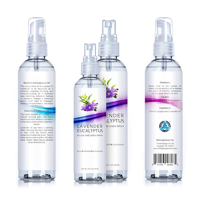 Two Pack Lavender Eucalyptus Pillow and Linen Spray, Best Set for Travel and Home, Strong Essential Oil Mist for Relaxing the Body and Mind (Lavender Eucalyptus, 4oz/8oz)