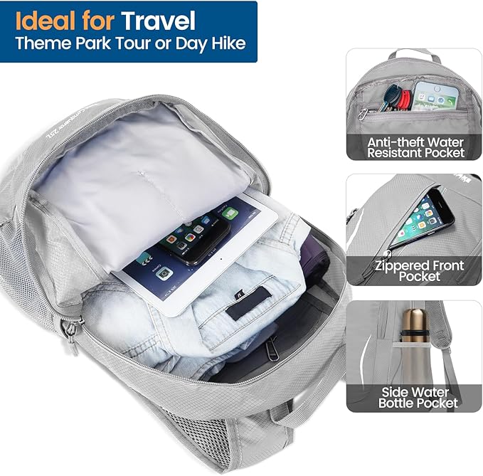 ZOMAKE Ultra Lightweight Packable Backpack 25L, Foldable Hiking Backpacks Water Resistant Small Folding Daypack for Travel(Sliver Grey)