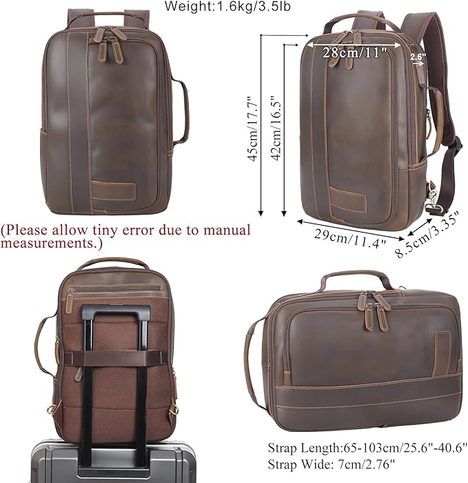 Masa Kawa Leather 15.6" Laptop Backpack for Men Convertible Briefcase Backpacks Expandable Vintage Business Work Travel Rucksack Daypack, Light Brown