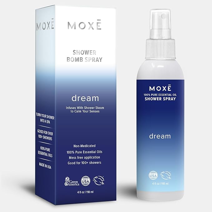 MOXĒ Dream Lavender & Chamomile Shower Mist, Spa Steam Spray, Certified Natural Essential Oils, Aromatherapy, Tension Relief, USA Made, 4 Ounces