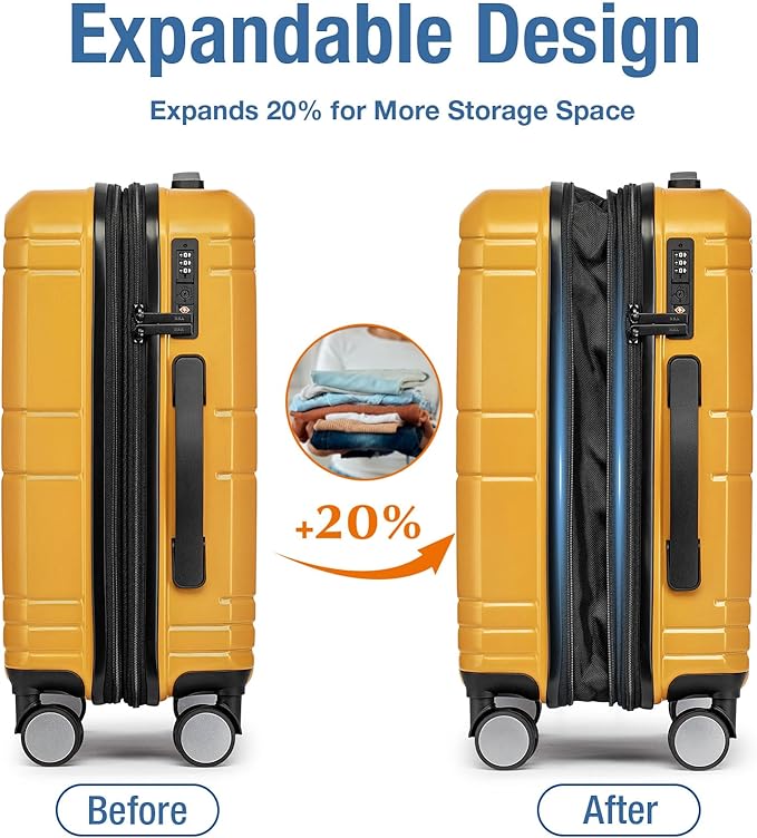 KYME Carry On Luggage 22x14x9 Airline Approved with TSA Lock Hard Shell Carry On Suitcase Lightweight Suitcases with Wheels Small Luggage for Men Women,Carry-On 20 Inch,Yellow
