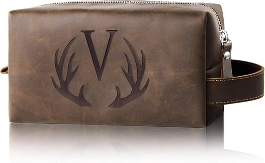 Personalized Travel Toiletry Bag for Men Initial Letter PU Leather Waterproof Shaving Bag for Toiletries Accessories Travel Essentials Storage Bags Fathers Day Birthday Gifts for Men (V)