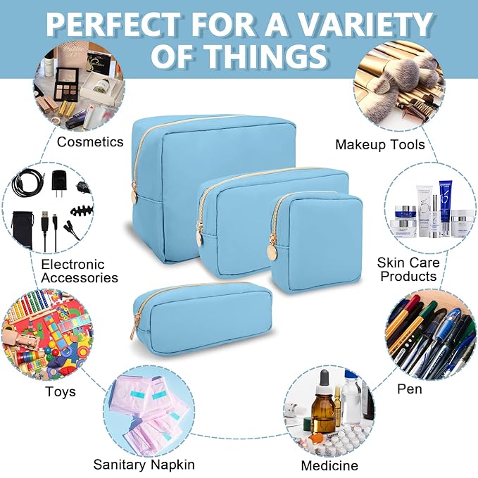 Small Makeup Pouch for Purse, Nylon Travel Toiletry Storage Pouch Cute Preppy Cosmetic Bag for Women Girls, Waterproof Makeup Organizer Skincare Bag Purse with Zipper (Small-Periwinkle)