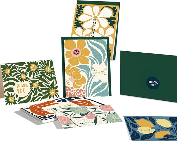 qiqee Color Contrast Flower Thank You Cards Greeting Gift Cards for Handwritten Messages 4x6 Inch 6 Design Birthday Thank You Notes (24pcs +24pcs Envelopes)