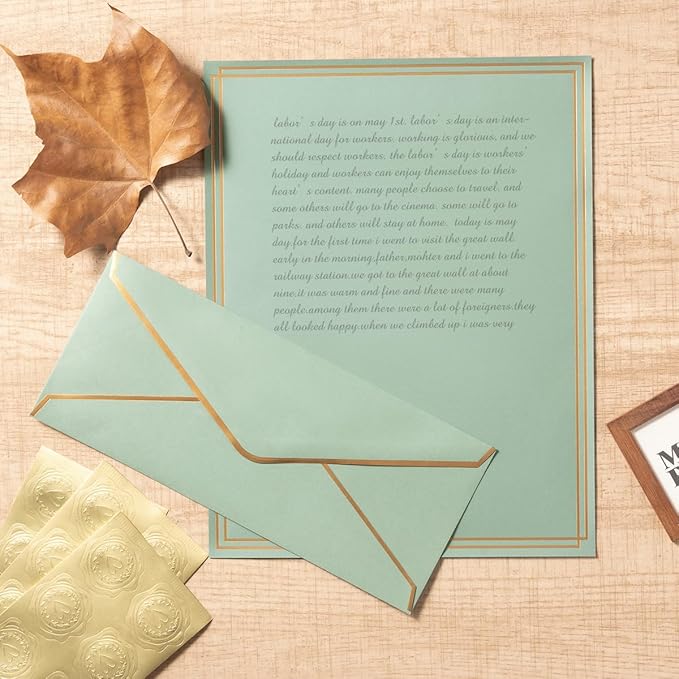 50 Pack Stationery Set with Gold Border, #10 Business Envelopes and 8.5x11 Paper Sheets and Stickers for Writing Letters (Sage-Green, 8.5x11 Inches)