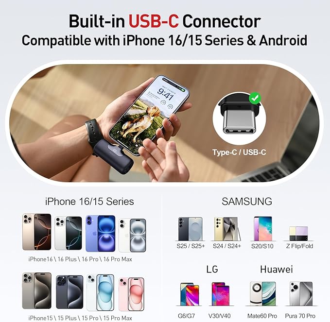 iWALK Portable Charger 5500mAh Next-Gen Small Power Bank 22.5W Fast Charging Battery USB-C Portable Phone Charger for iPhone 16/15 16 Plus 16 Pro Max iPad, Samsung Galaxy S25 S24 S23 Android, Black